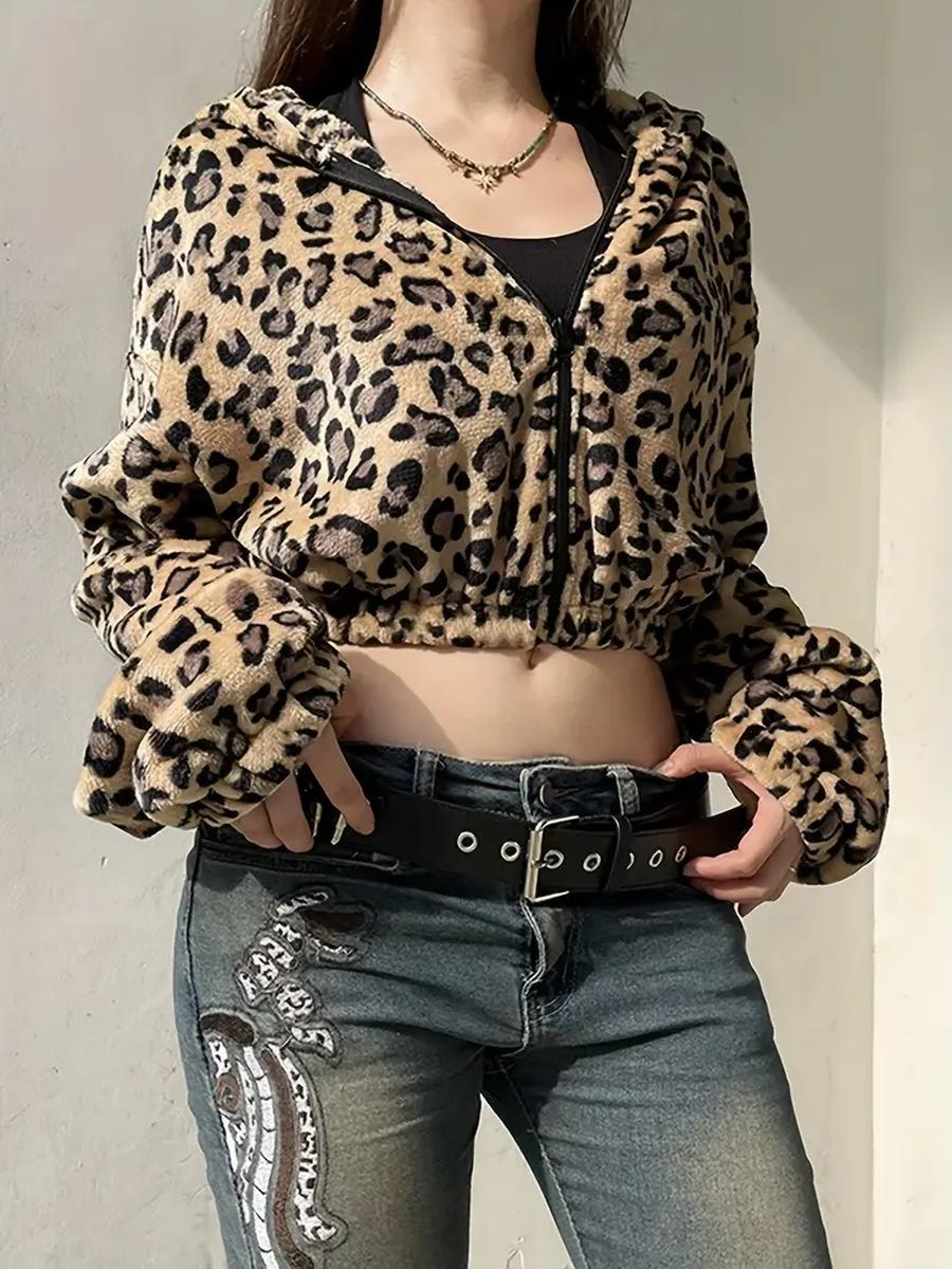 

Leopard Print Zip-up Hooded Jacket, Long-sleeved Plush Sweatshirt Coat, Women s XL коричневий