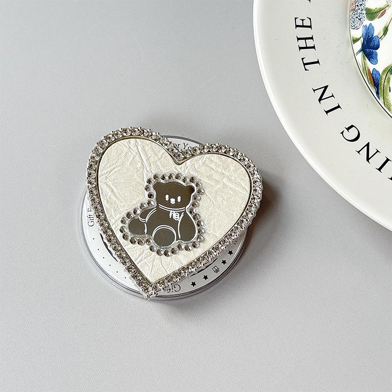Heart-Shaped Luxury Bear Mirror Leather Phone Holder & Magnetic Ring