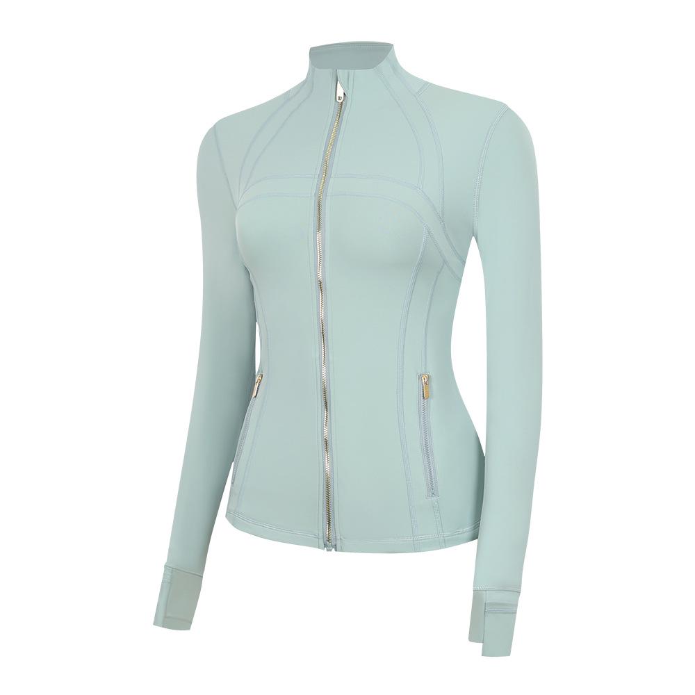 In Stock: LU Women's Slim Fit Yoga Jacket with Gold Zipper - Stand Collar Running Top