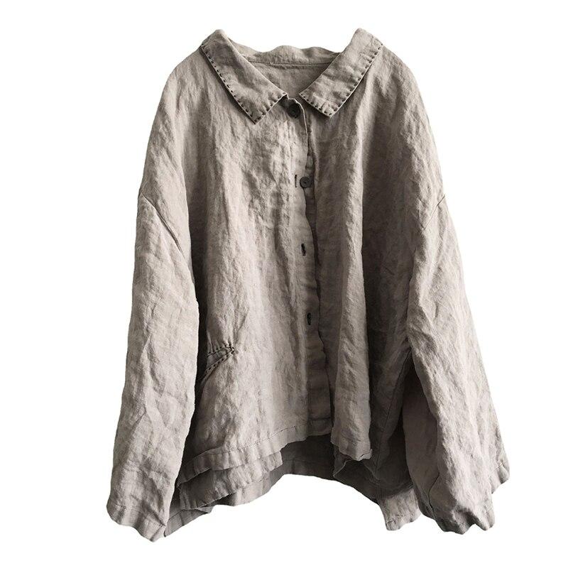 Johnature Linen Vintage Print Turn-down Collar Women Shirts Full Sleeve Spring Loose Retro Casual Loose Tops