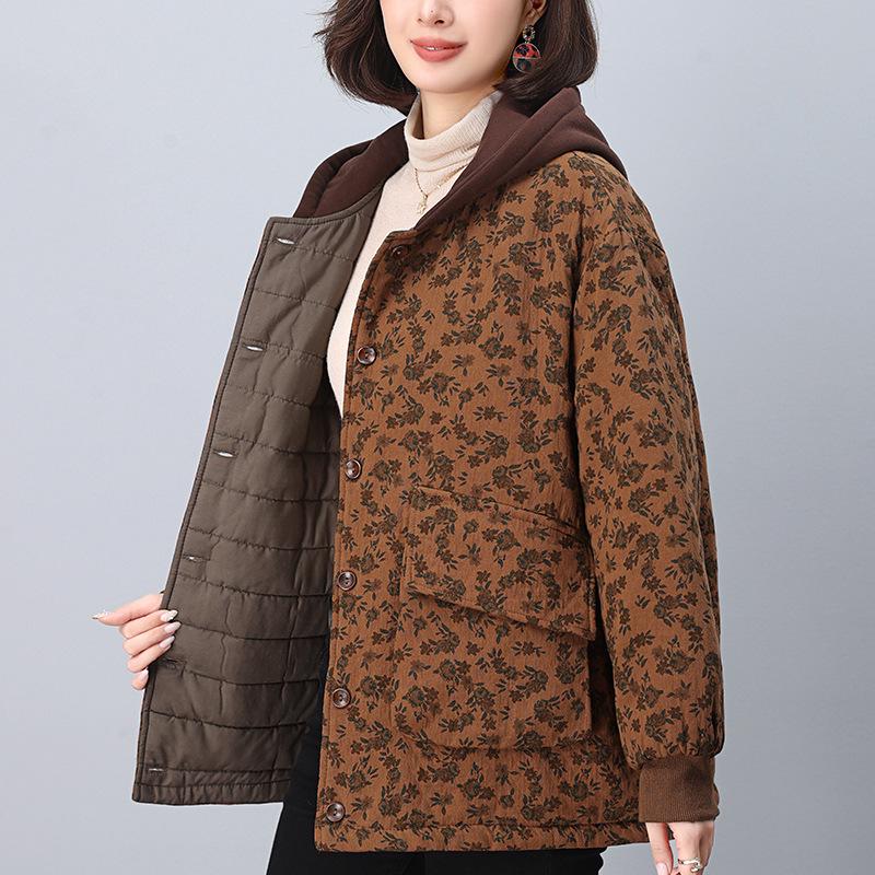 2024 Women's Retro Print Cotton Jacket - Winter Style, Plus Size, Loose Fit, for Middle-Aged and Elderly Moms