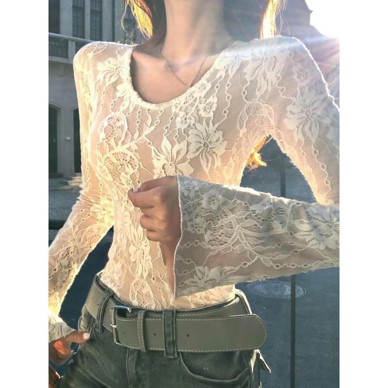 

Женская элегантная сетчатая кружевная блузка с рукавами-колоколами, удобный повседневный топ S белый