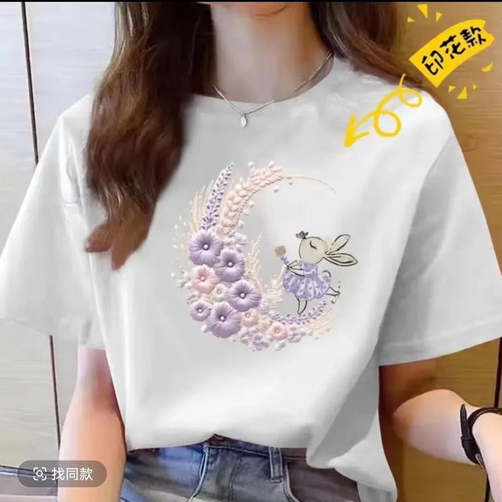 White Women's Internet Celebrity Summer Wear New Korean Version Casual Loose Large Size Women's Short Sleeve Printed T-shirt Women's Round Neck T