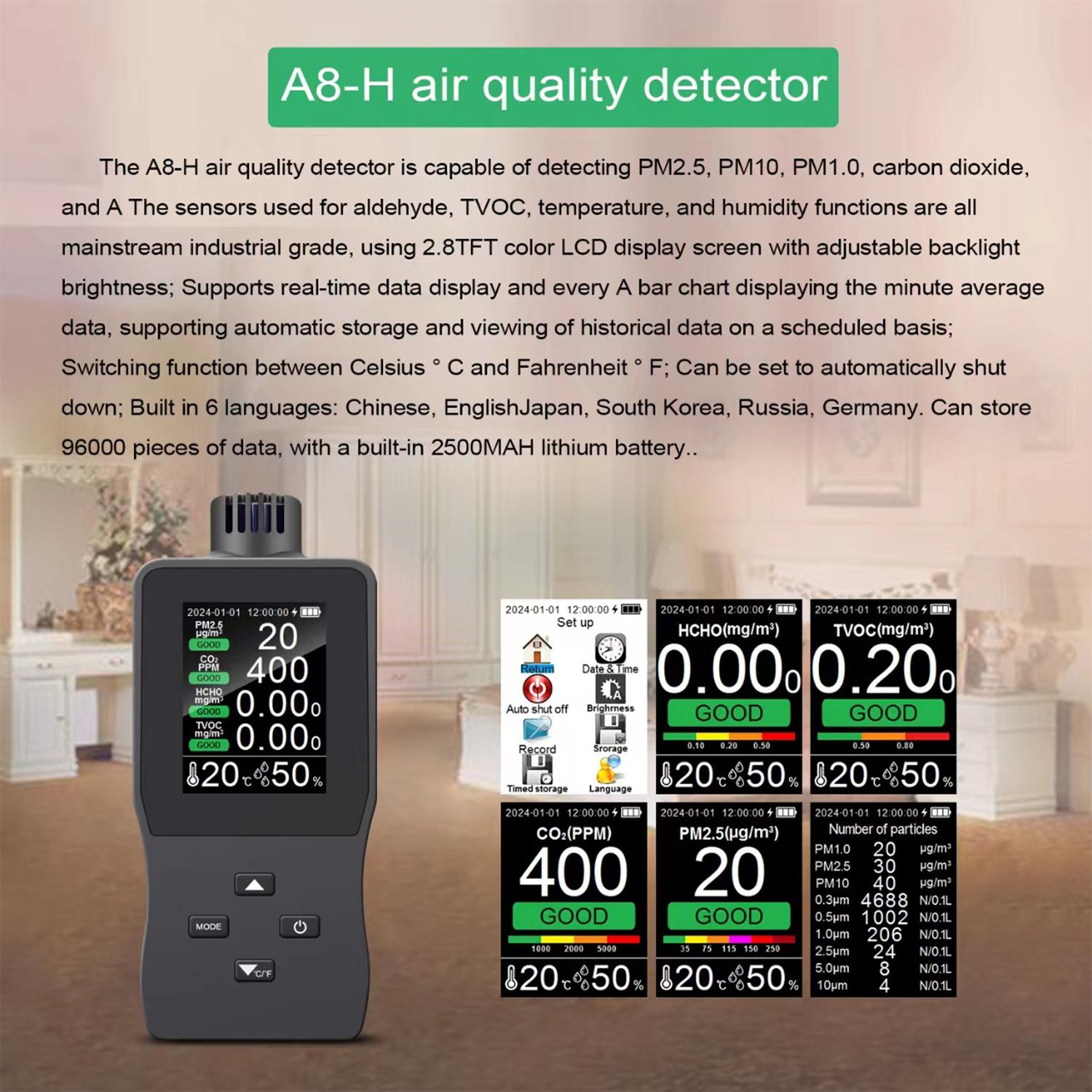 

Air Quality Monitor Indoor Air Quality Tester HCHO CO₂ TVOC PM2.5 Temp Humidity Air Quality Detector High Precision серый