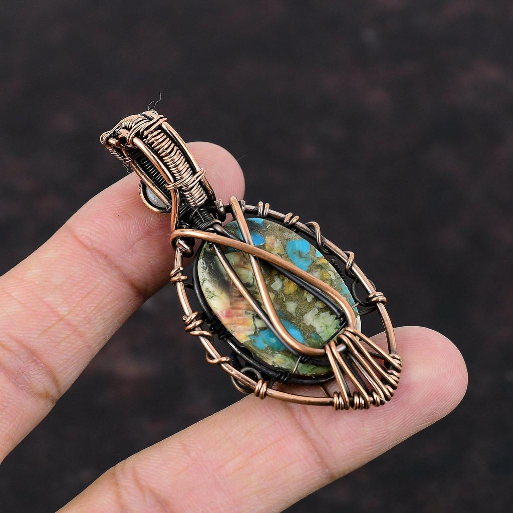 Evil Eye Spiny Oyster Copper Turquoise Pendant Copper Wire Wrapped Pendant Gemstone Jewelry Moonstone Pendant Handmade Jewelry Gift For Him