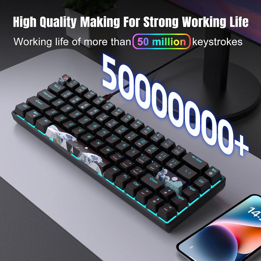 68 Keys 60% Mechanical Gaming Keyboard Hot Swappable Blue Switch Ice Blue Backlight Detachable USB-C Cable For Windows Mac Linux