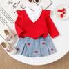 Spring and Autumn New Style Infant Toddler Girl Red Long Sleeve + Cherry Print Denim Skirt Set