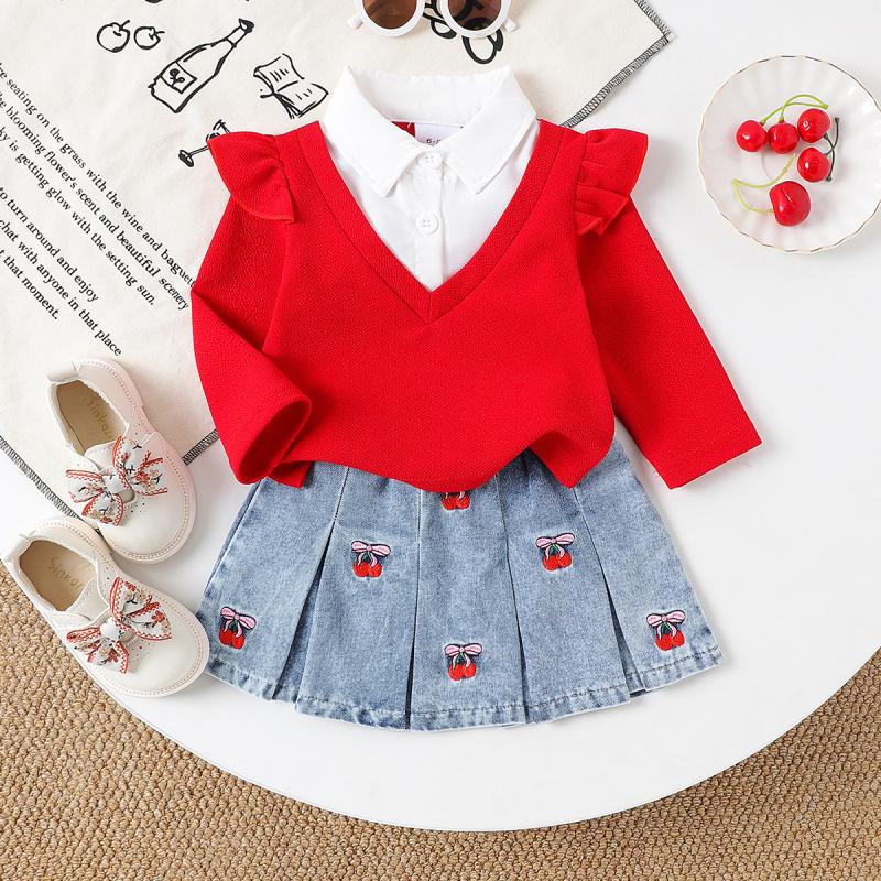 Spring and Autumn New Style Infant Toddler Girl Red Long Sleeve + Cherry Print Denim Skirt Set
