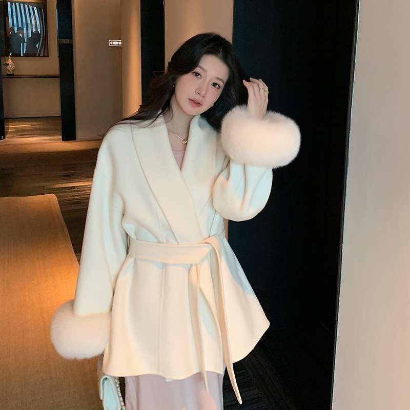 Women's Mid-Length Double-Faced Cashmere Coat with Fox Fur Cuffs for 2025 Autumn/Winter