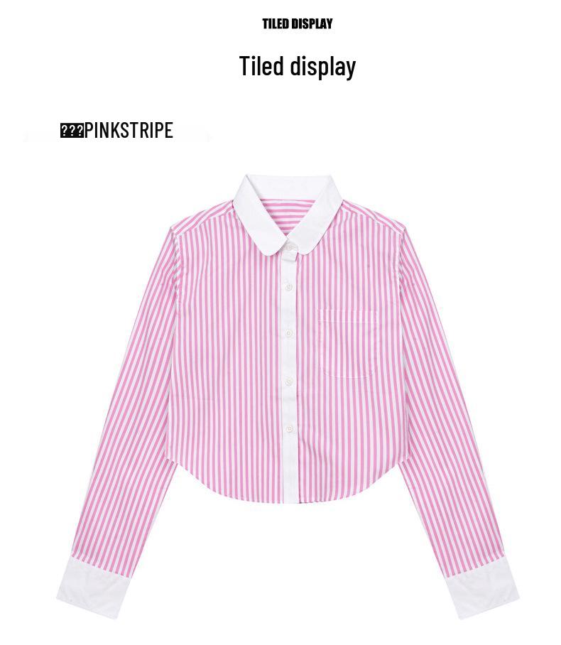 Women's Casual Pink and White Striped Long-Sleeve Lapel Shirt - Preppy, Age-Reducing Style