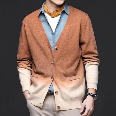 Men's Autumn Gradient V-Neck Knit Cardigan Sweater - Slim Fit, Korean Style Youth Casual Jacket