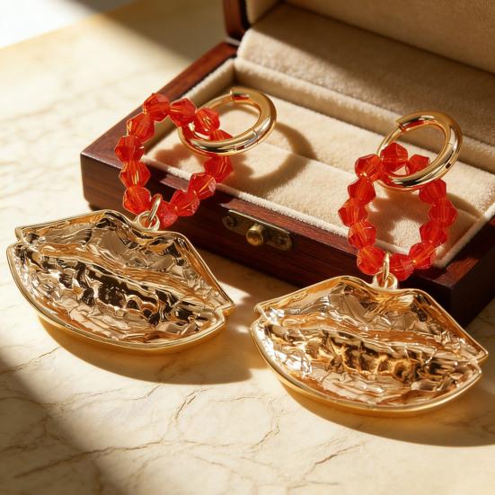 1 Pair Drop Earrings Red Faux Crystal Beaded Ring Three-Dimensional Metallic Lip Shape Leverback Earrings Jewelry Gift