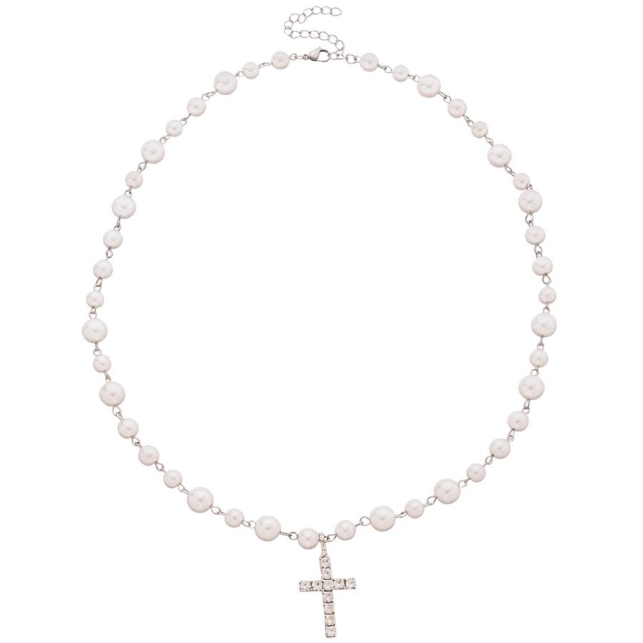Baroque Fashion Retro Rhinestone & Pearl Cross Pendant Necklace for Women