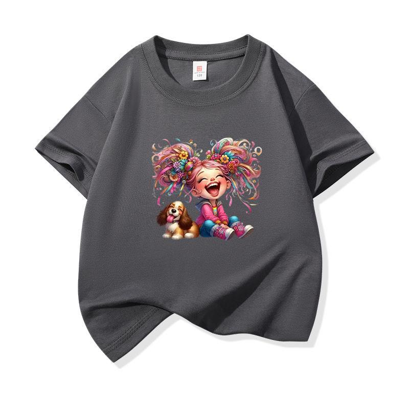 Kids Cotton T Shirt Rainbow Hair Laughing Girl Sitting With Puppy Print Crew Neck Short Sleeve Tee Casual Boys Girls Summer Tops