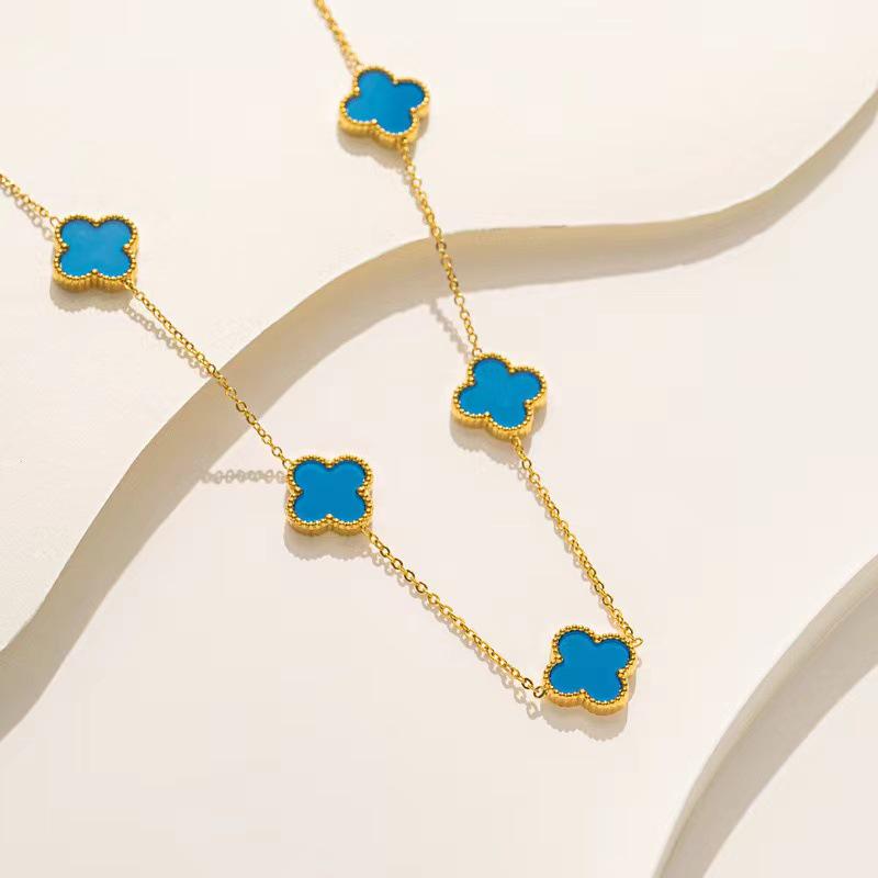 Stylish Stainless Steel Five-Petal Flower Necklace for Women синий