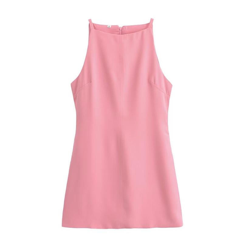 Women s French Fashion Slim Fit Straight Neck Sleeveless Dress M розовый