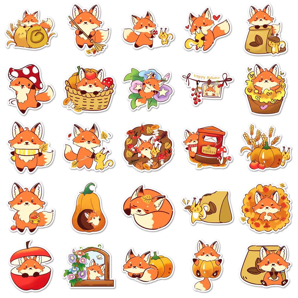 50 Sheets of Hand-Painted Autumn Fox Stickers: Cute Animal Decorations for Planners & Fridges