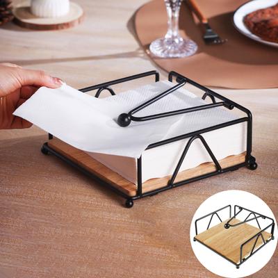 Napkin Holder Iron Flat Serviette Holder Freestanding Wooden Base Square Paper Raised for Kitchen Office Table Reusable