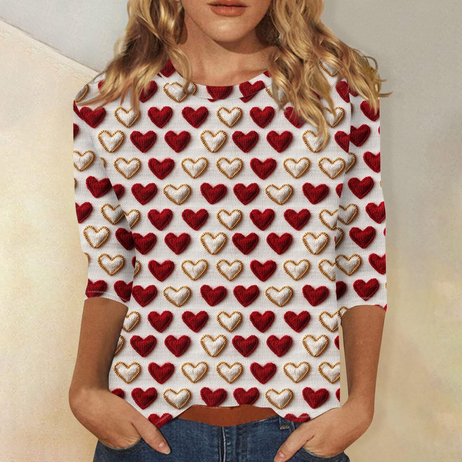 

Женская повседневная свободная футболка с круглым вырезом и принтом ко Дню святого Валентина с рукавами три четверти XL винный