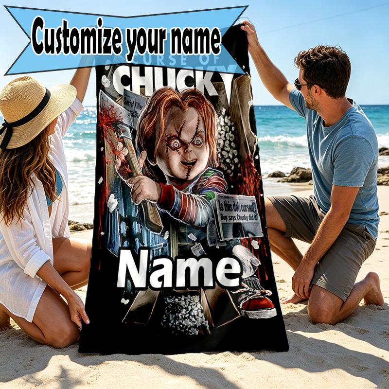 Custom Name Personalized Bride of Chucky Print Beach Towel, for Trip Camping Beach Party Home Decor, Birthday Gift for Family & Friends
