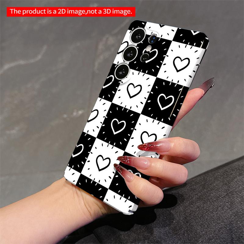 2DFlat Samsung phone case Black and White Heart Checkered Pattern Phone Case Applicable to Galaxy S22 S23 S24 S25ULTRA S26 A12 A13 A14 A15 A16