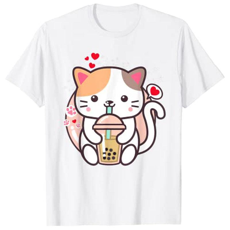Cat Boba Tea BubbleTea Kawaii Anime Japanese Neko Girl Teen TShirt Y2k Cute Cartoon Unisexga Graphic Clothes Novelty Personality