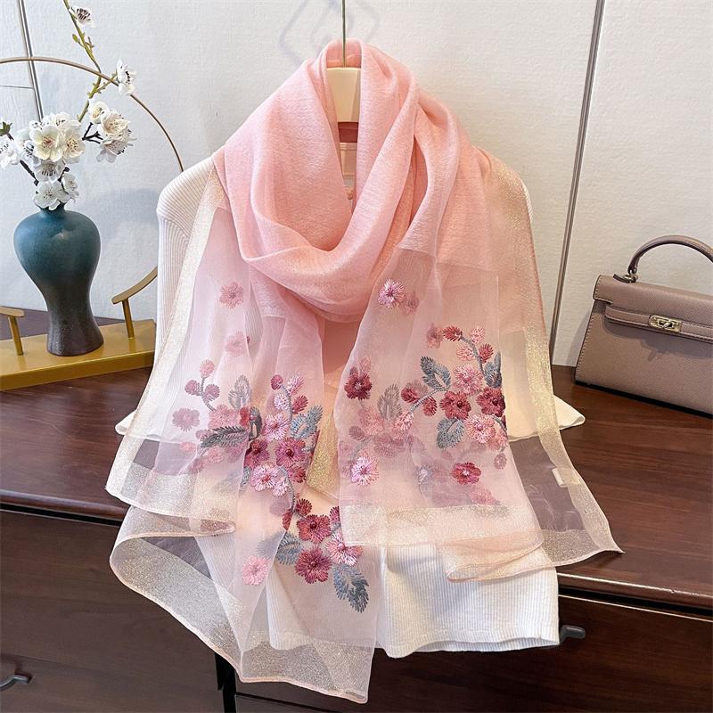 Silk Feeling Women Scarf Shawls Lady Wraps Bufanda Floral Pashmina Embroidery Scarves  Hijab Solid Long Female Bandana