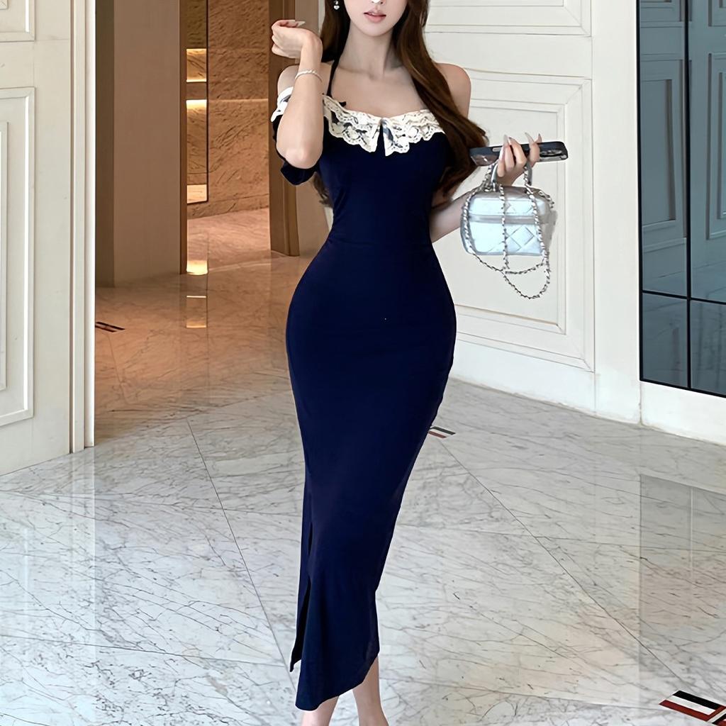 Royal sister wears a retro dark blue one-word shoulder temperament dress, celebrity pinching waist and buttocks, small skirt summer