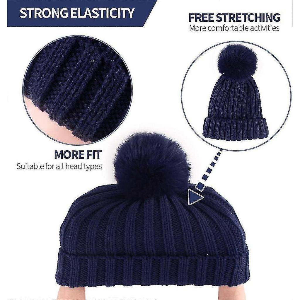 Winter Beanie Hat With Large Faux Fur Bobble Pom Pom Winter Fur Knitted Hat For Outdoor Camping Ski Caps