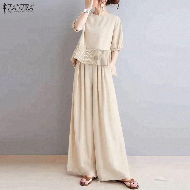 ZANZEA Damen Halbarm Bluse und Hose Sommer Zweiteiler Anzugsets