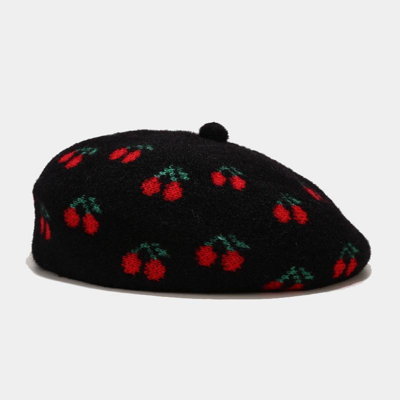 

Women Beret Cherry Pattern Hat Autumn and Winter Wool Hat Winter Street Fashion Painter Hat black