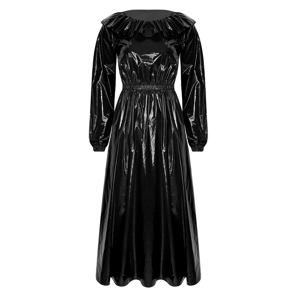 Vestito Donna Impermeabile Lucido in Vinile Girocollo Manica Lunga Arricciata Cintura in Vita Svasato Midi per Festa Rave Club Notte Abbigliamento da Spiaggia