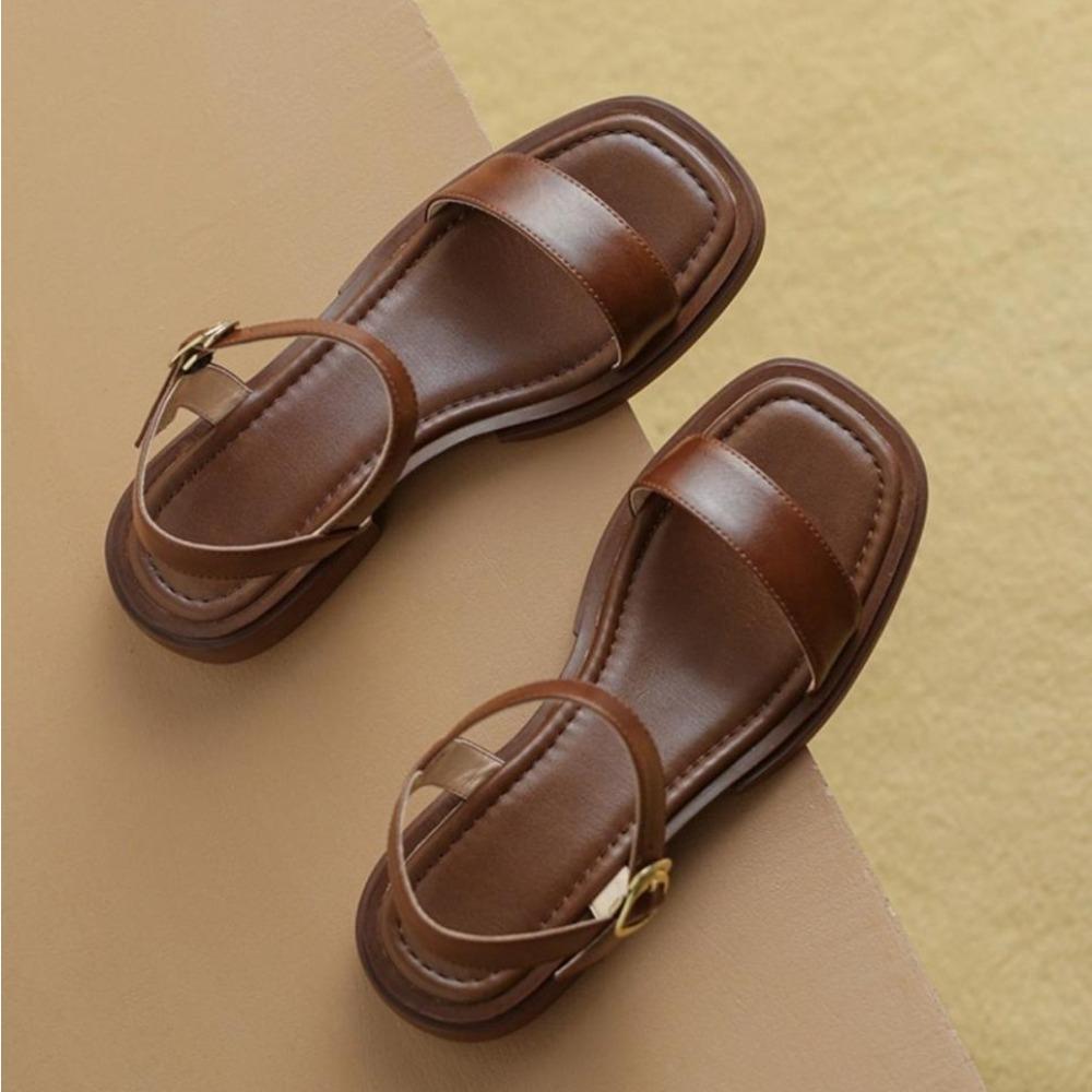 Fashion Sandals Women's New Large Thick Heel One-word Buckle Sandals Summer Flat-soled Soft-soled Leather French Roman Sandal Womens