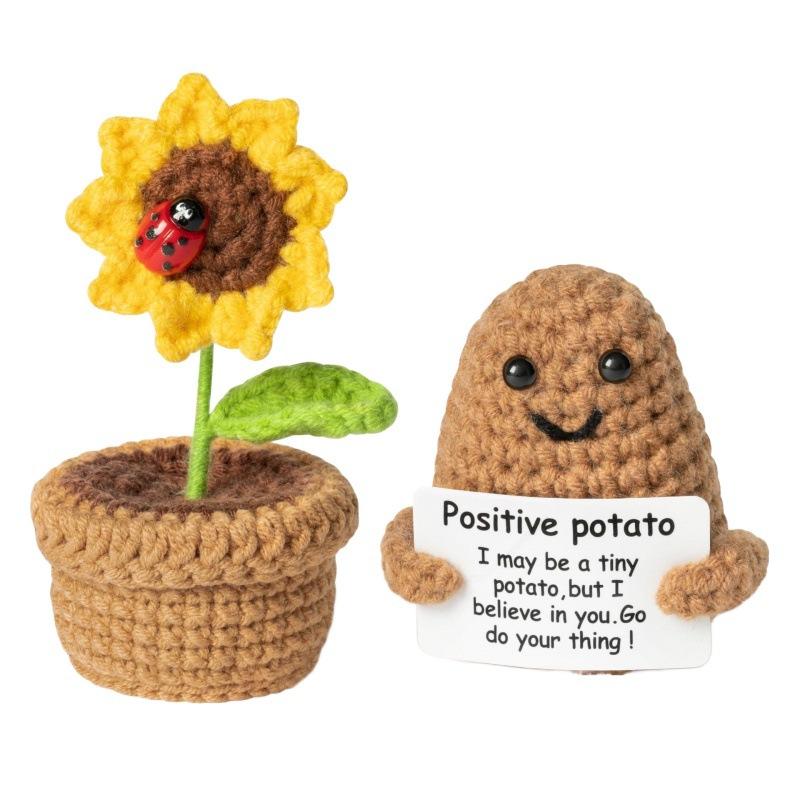 2PCS Positive Mini Sunflower Pot Potato Handicrafts Creative Funny Knitted Flower Crafts Desk Decoration Crochet Birthday Gifts