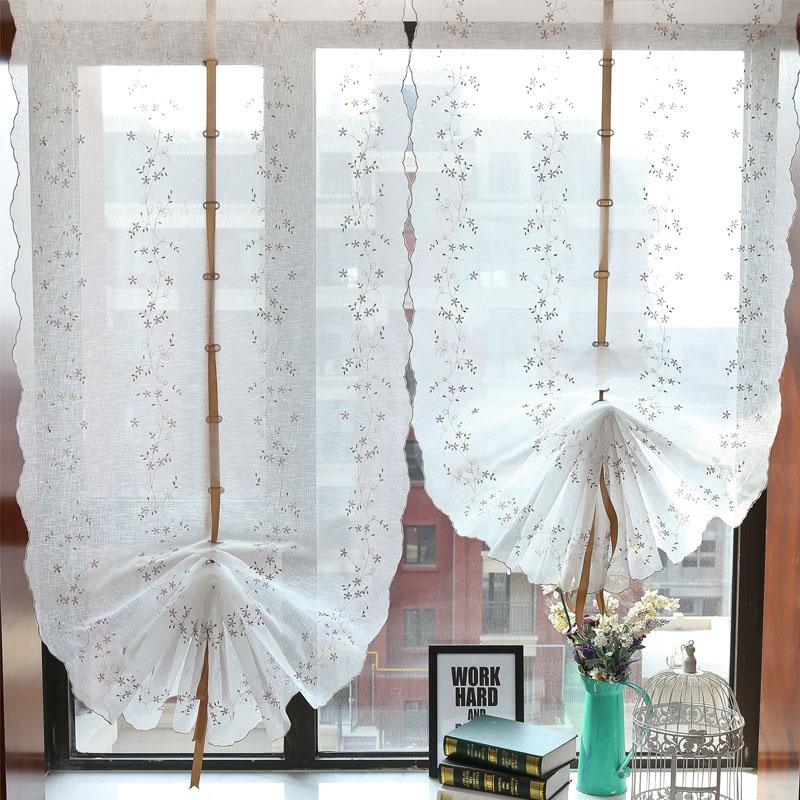 Retro Cotton Linen Lace Embroidered Balloon Pull Up Curtain for Living Room Kitchen Threading Rod Short Window