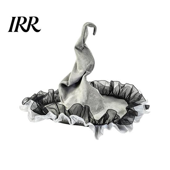 Non-itchy Halloween Hat Women's Large Ruched Witch Hat, Felt Wizard with Elegant Dark Ruffle/Flowers/Mesh, Adults Cosplay Costume for