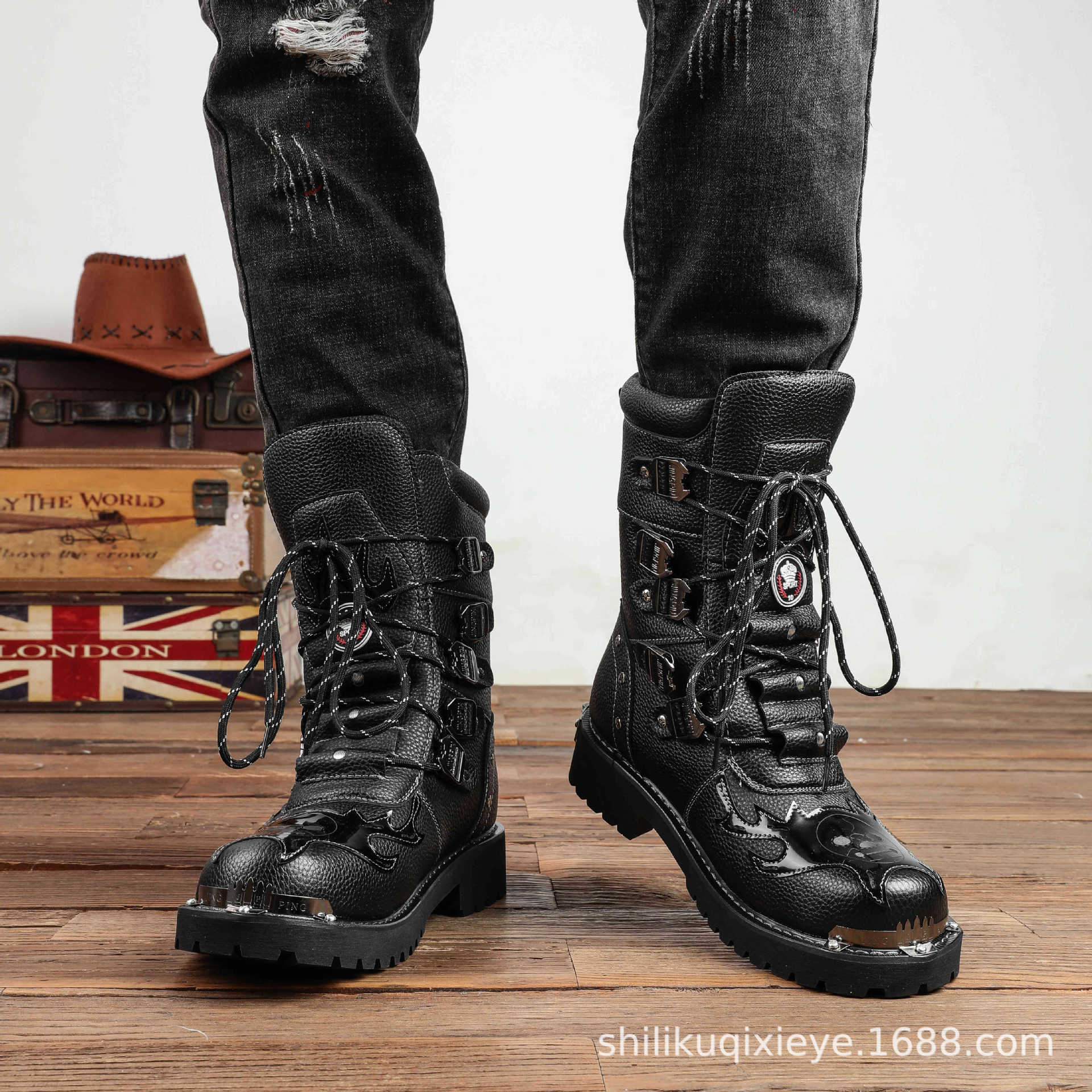 

2025 толстая подошва увеличивающая рост новые высокие полусапоги в стиле панк, рабочие ботинки Мартин, мужские зимние нескользящие универсальные ботинки 41 чёрный