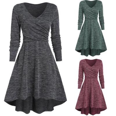 Women's Casual Fashion Long Sleeve V Neck Rregular Color Loose Dress