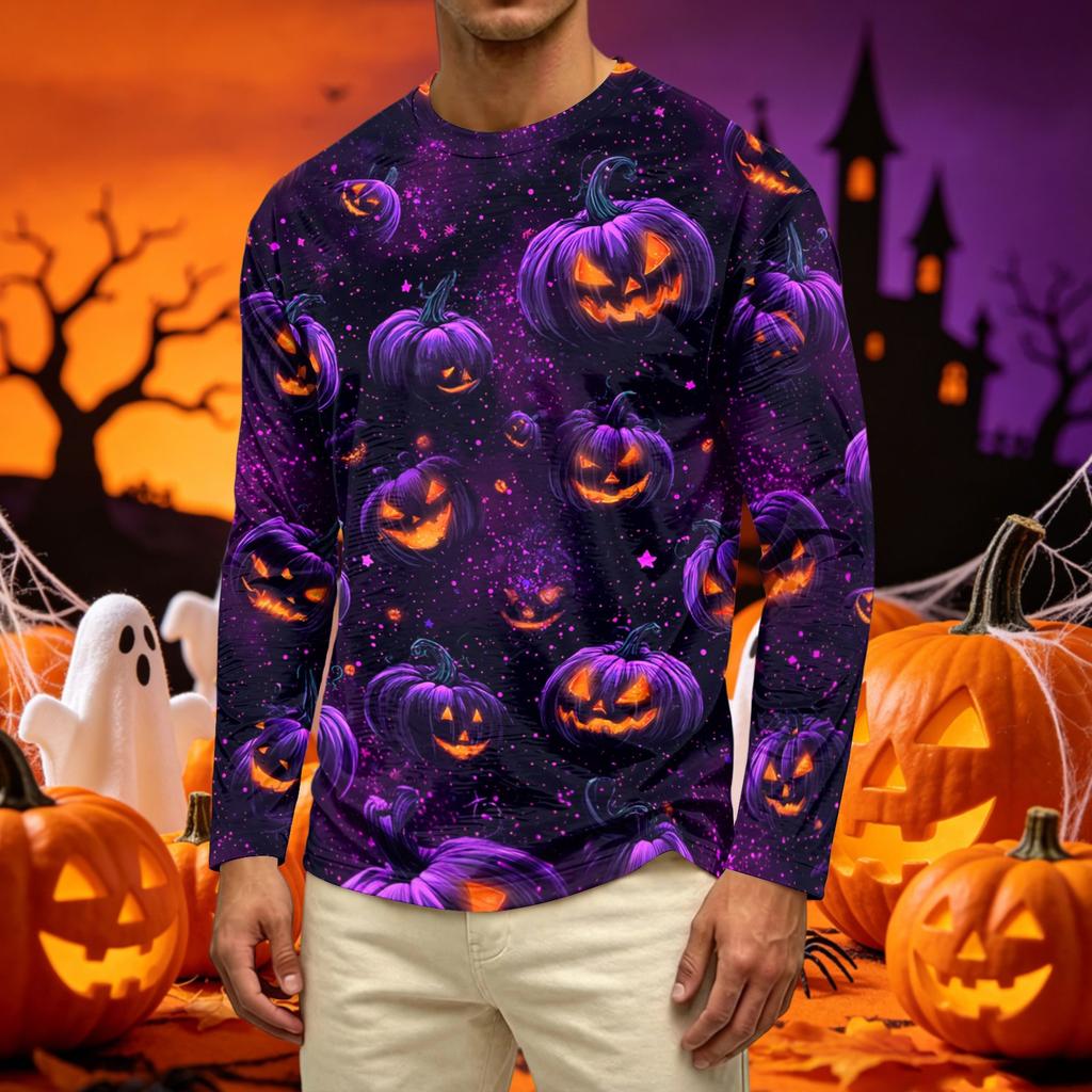 Men's Casual Long Sleeve Crew Neck T-Shirt with Pumpkin and Floral Print Comfortable Fit Lightweight Fabric Suitable for Daily Wear