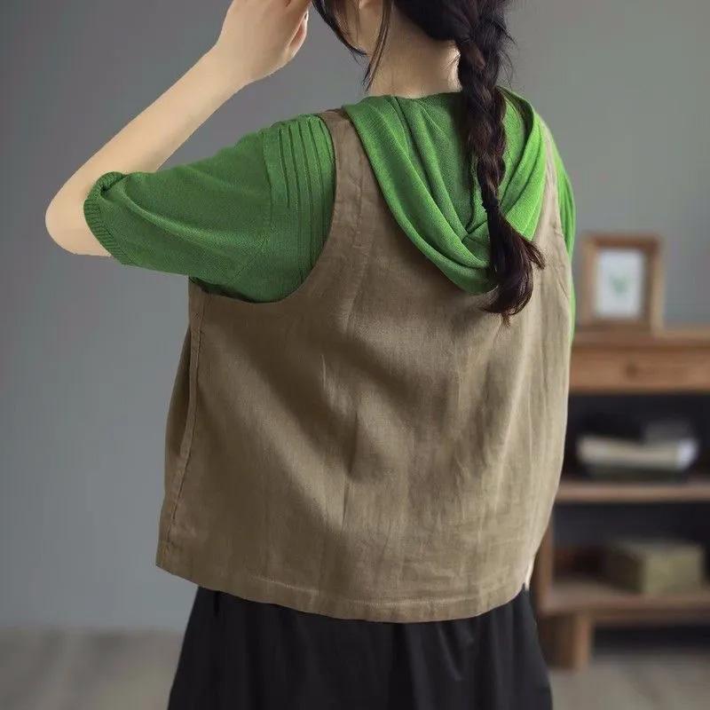 Cotton Vest for Women Linen Sleeveless Vintage Denim Vest Oversize Prints Versatile Casual Buttons Vest