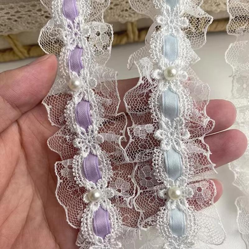 1Yard Lolita Pleated Lace Lvory Bead Ruffled Lace Fabric Edging Satin Ribbon Diy Clothing Curtain Furniture Decoration Accessory