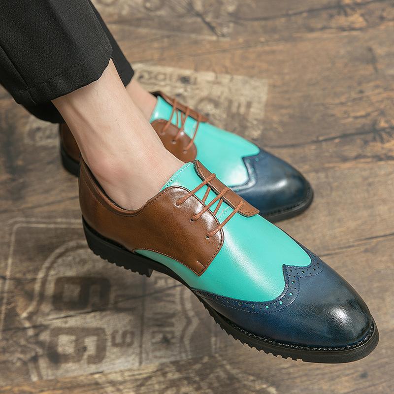 Men's leather shoes large size foreign trade new splicing color casual leather shoes fashion trend brock carved leather shoes
