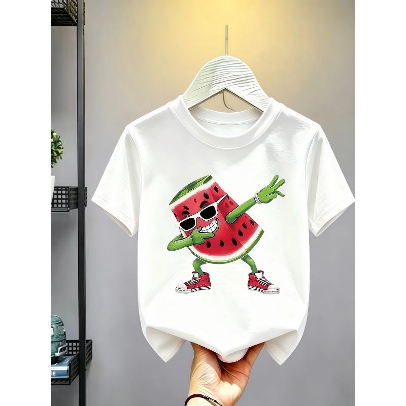Kids Crewneck Short Sleeve T-Shirt, Cute Anthropomorphic Cartoon Watermelon Placement Print 110