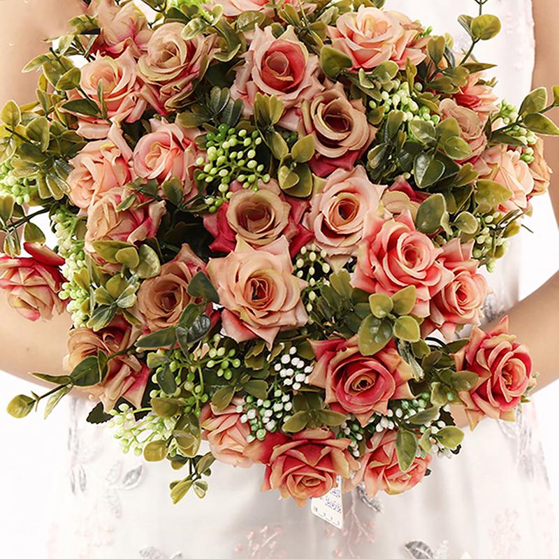 Rose Wedding Artificial Flower Bridal Bouquet Diy Wedding Home Table Center Decoration Simulation Plant Shoot Prop Fake Flower