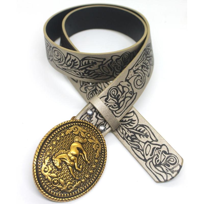 Floral Engraved PU Belt for Jeans Women Vintage Horse Pattern Buckle Waist Belt