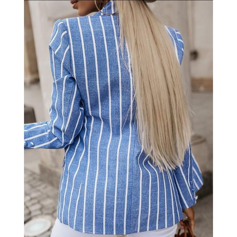 2023 European & American Striped Print Long Sleeve Small Suit Collar Women's Jacket
