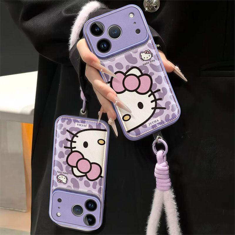 Purple Leopard Print Kitty Phone Case with Lanyard for Apple iPhone 15, 16, and 17 Pro - Anti-Fall Design