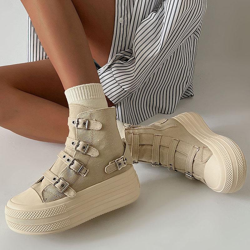 Women Platform Canvas Shoes Classic Casual Outdoor Versatile Sneakers Buckle Design High Top Boots Fashion Zipper Shoes Female
