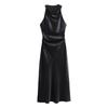 2024 European and American Fashion Black Silk Satin Midi Dress - Round Neck Sleeveless Design