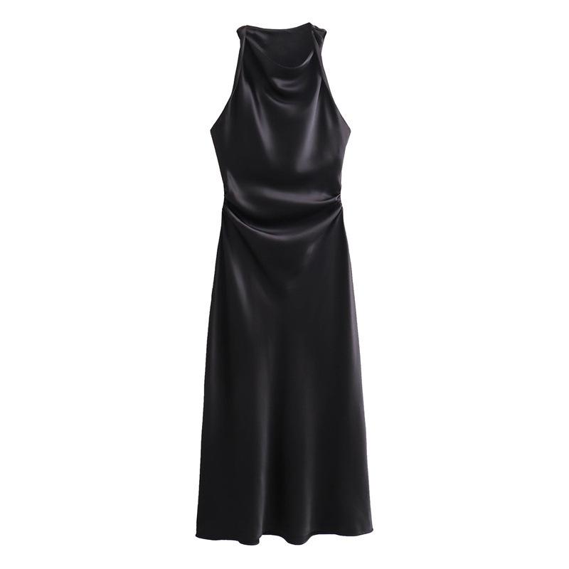 2024 European and American Fashion Black Silk Satin Midi Dress - Round Neck Sleeveless Design